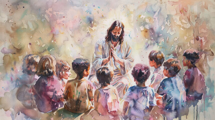 Watercolor of Jesus speaking to children, emphasizing soft pastel tones. --ar 16:9 Job ID: 15aa196f-6818-4048-87c9-1c93a663d611