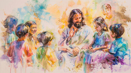Watercolor of Jesus speaking to children, emphasizing soft pastel tones. --ar 16:9 Job ID: 15aa196f-6818-4048-87c9-1c93a663d611