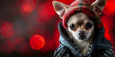 Stylish Chihuahua in hiphop clothing for a trendy pet photoshoot. Concept Pet Fashion, Trendy Outfits, Chihuahua Photoshoot, Stylish Poses, Hip-Hop Pet