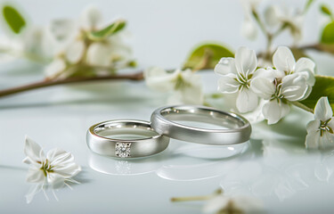 Elegant wedding rings with white flowers on reflective surface