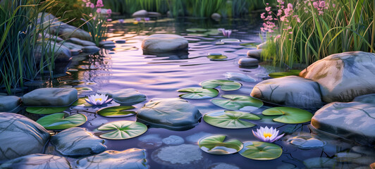 Peaceful pond with water lilies and rocks at dusk