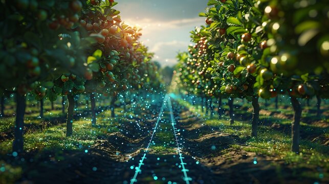Digital transformation in agriculture with IoT technology in apple orchard, enhancing productivity and data accuracy.