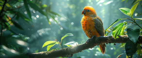 Vibrant parrot perched on a branch in tropical rainforest