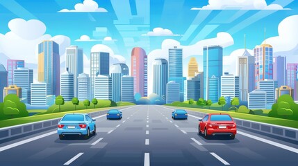 Modern cartoon illustration of morning traffic on urban road perspective, skyscraper buildings, blue sunny sky with white clouds, cityscape, with cars driving in the direction of modern city.