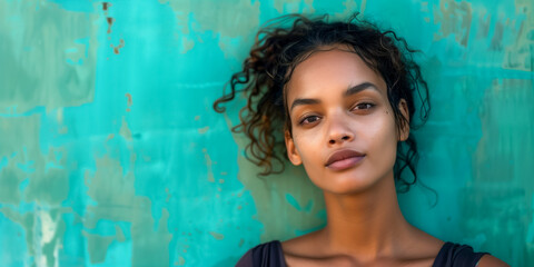 Beautiful young woman with curly hair against teal background