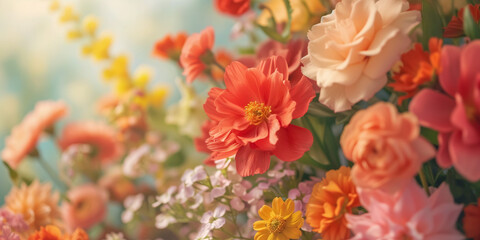 Vibrant bouquet of colorful spring flowers in soft light