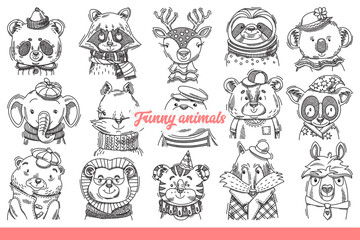 Faces of funny animals from forest or savannah dressed in clothes and hats or glasses. Positive wild beasts and animals stand with smile on faces and look at screen. Hand drawn doodle