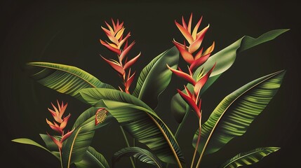 Bright exotic flowers and lush greenery against a dark background - ideal for artistic and decorative use