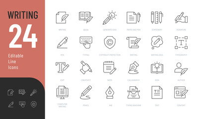 Writing Editable Icons set. Vector illustration in modern thin line style of text related icons: documents, tools, literature, and more. Pictograms and infographics for mobile apps.
