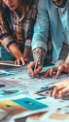 Design a detailed close-up illustrating a team collaborating on a digital marketing strategy, blending photorealistic and CG elements