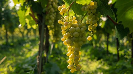 Fototapeta premium Picturesque Vineyard in Full Bloom with Bountiful Grape Clusters on Verdant Vines