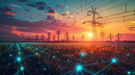 Fototapeta premium Futuristic smart grid with interconnected energy network and transmission towers at sunset, illustrating advanced technology and sustainable energy.