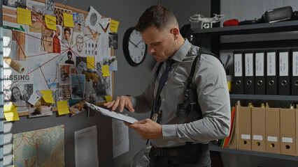Handsome hispanic detective analyzes clues in office with evidence board, files, and clock.