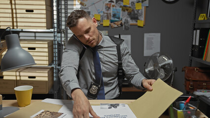 Hispanic detective examines documents in a cluttered police station office.