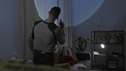 Detective man examines a crime scene in a dimly lit indoor apartment with caution tape and evidence...