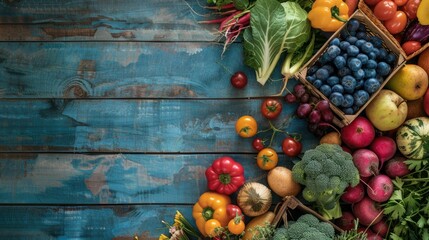 A wooden table adorned with a colorful array of fruits and vegetables, showcasing local food...