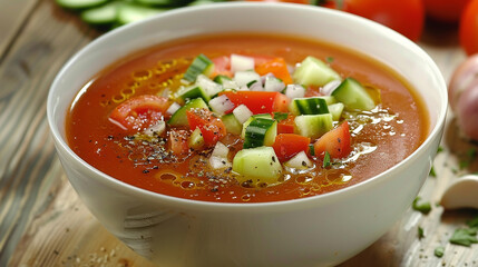 A bowl of gazpacho, a refreshing cold soup made with ripe tomatoes, cucumbers, bell peppers, onions, garlic, and olive oil, perfect for hot summer days.