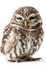 An owl winking with one eye, looking playful, isolated on a white background