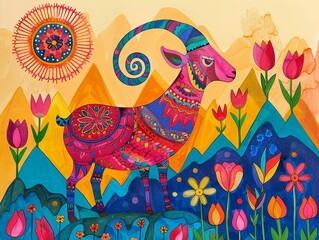 Mountain goat in Madhubani Bharni style, graceful concept, mountains with tulips, clear sky with sun