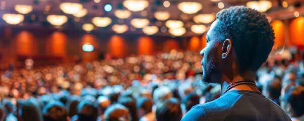 Diverse attendees in conference room watch presenter with slides at life insurance seminar with attentive audience