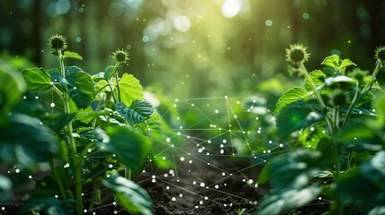 Lush green plants in sunlight with a network of glowing particles, symbolizing technology integration in agriculture.