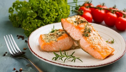 a plate of food with salmon tomatoes and herbs generative ai