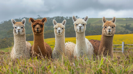 Fototapeta premium a group of alpaca animals standing in a wide meadow with a backdrop of mountains and cloudy weather