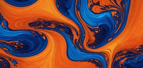 Spectacular image of blue and orange liquid ink churning together, with a realistic texture and great quality. Digital art 3D illustration.