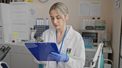 Naklejka premium A young woman, likely a scientist or medical professional, stands in a laboratory reviewing notes on a clipboard.