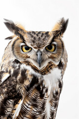 An owl winking with one eye, looking playful, isolated on a white background