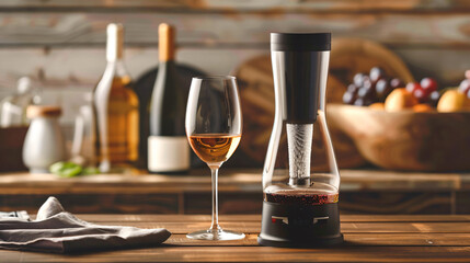 Wine aerator with bottles and glass on wooden background