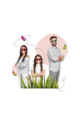 Photo cartoon comics sketch collage picture of small girl mom dad wear dark glasses hands crossed folded isolated creative background