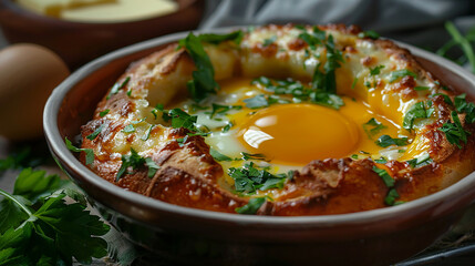 A bowl of Georgian khachapuri, featuring fluffy bread filled with gooey cheese and topped with a runny egg, butter, and fresh herbs, for a decadent and satisfying meal.