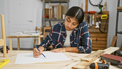 A young indian woman concentrates while drafting in a woodwork workshop, surrounded by tools and wooden planks.