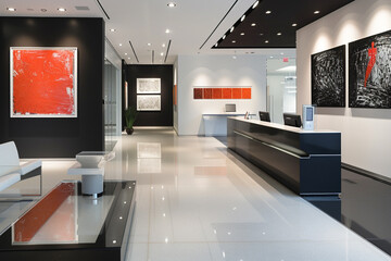 A contemporary office reception with a sleek black and white color scheme, a glossy reception desk,...