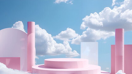 Podium on clouds abstract background, Product presentation, 3d render of minimal abstract background scene with podium and clouds,  Pink podium for product presentation, Abstract background
