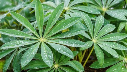 large green leaves of lupine lupinus polyphyllus covered with drops of dew
