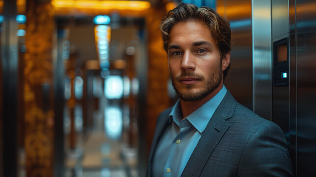 Confident Businessman in Suit Standing in Modern Elevator Lobby with Stylish Lighting