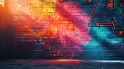 Graffitied Urban Wall with Vibrant Colors Illuminated by a Smoky Light Beam