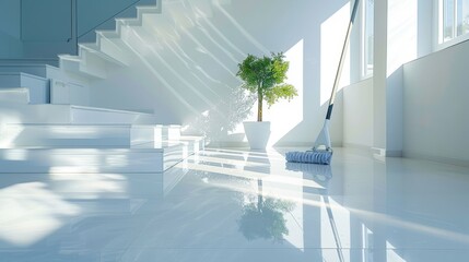 Fototapeta premium Bright space with mop and stairs in a high contrast interior.