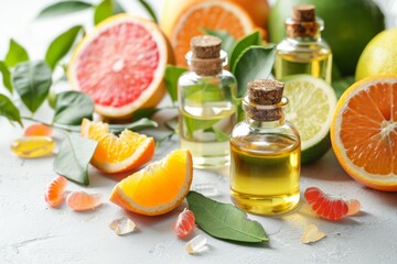 Essential Oil Bottles with Citrus Fruits for Aromatherapy