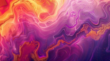 Fototapeta premium A vivid abstract artwork, random mix of bright pinks, oranges, and purples, with fine glowing gold lines creating a topographical map effect. Background is a chaotic liquid pattern, modern and