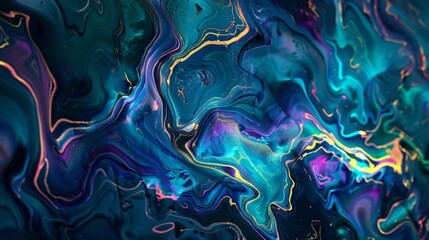 Fototapeta premium An abstract watercolor painting, random mix of dark blues, greens, and reds, with striking glowing gold lines forming a topographical map effect. Modern, disturbingly fluid abstract background.