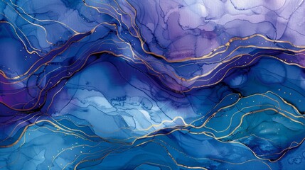 Obraz premium An abstract watercolor painting, random mix of dark blues, greens, and reds, with striking glowing gold lines forming a topographical map effect. Modern, disturbingly fluid abstract background.