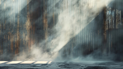 Watercolor Illustration of a Spotlight and Swirling Smoke Against a Weathered Metal Backdrop, An Industrial and Atmospheric Scene