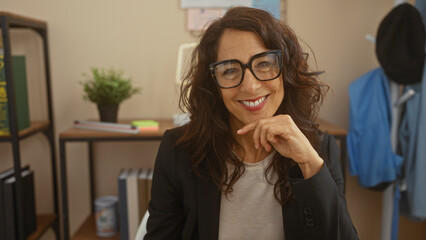 Smiling middle-aged brunette woman with glasses posing indoors against a blurred office background.