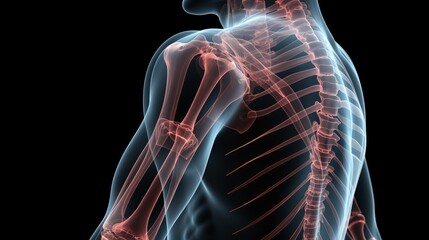 ed medical illustration of the upper body skeleton, highlighting shoulder and spine structure against a black background.