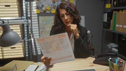 A pensive woman examines a criminal profile in a cluttered detective office, portraying scrutiny...