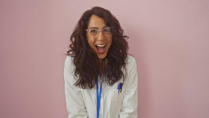 Happy middle-aged woman wearing glasses and a lab coat over a pink background, expressing excitement