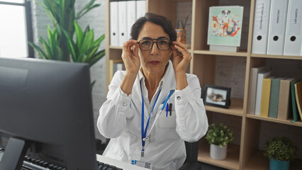 A thoughtful middle-aged hispanic woman in a white lab coat adjusts her glasses at a clinic...